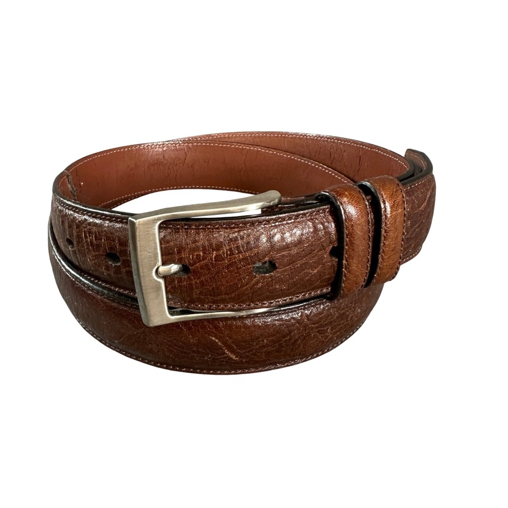 Perry Ellis Portfolio Mens Brown Leather Belt Silver Buckle Size 34 LP35150